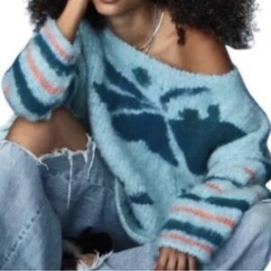 Free People Lily Pullover Blue green Mosaic Sky Combo sweater size L